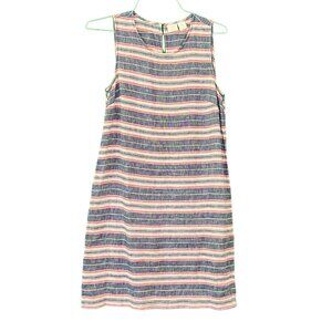 St Tropez West 100% Linen Tank Shift Dress Blue Red Tan‎ Horizontal Stripe Sz 4
